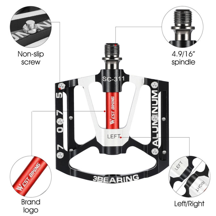 1pair WEST BIKING YP0802083 Mountain Bike Aluminum Alloy Pedal Lightweight Bearing Foot Pedal(Black) - free shipping - PMc TechLife - Order now!