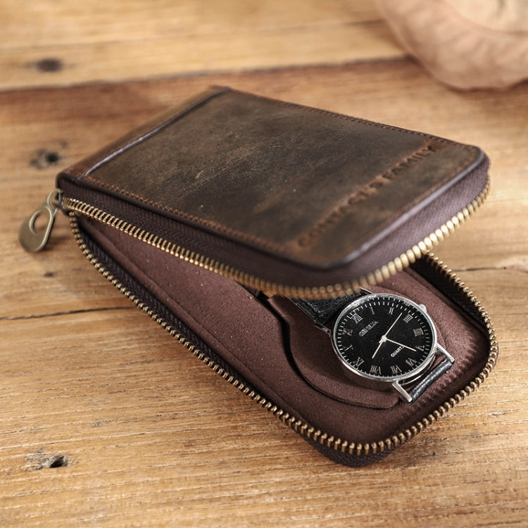 Contacts Family CF1121  Retro Crazy Horse Leather Watch Storage Box Single Watch Seat Portable Watch Zipper Bag(Coffee) - free shipping - PMC TechLife - Order now!