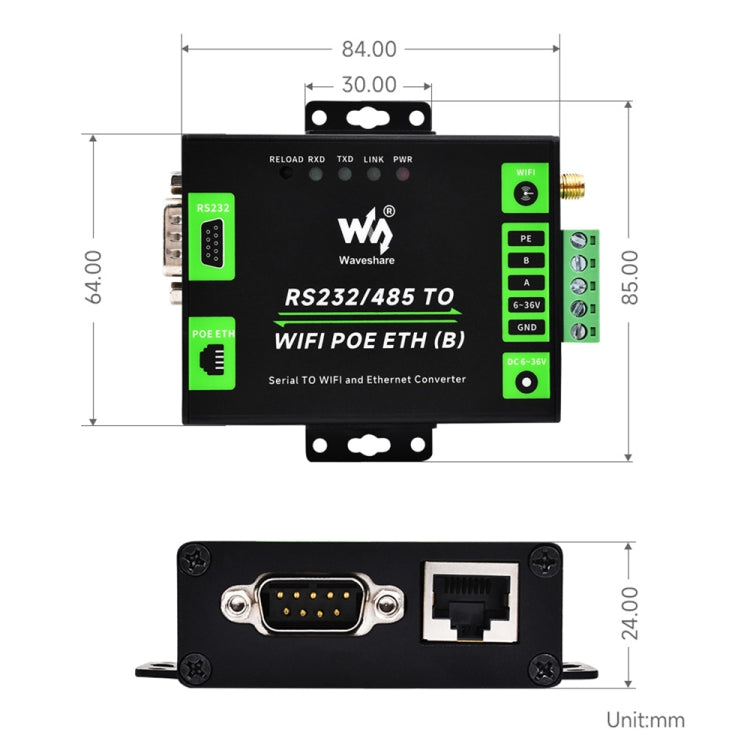 Waveshare Industrial Grade Serial Server RS232/485 to WiFi / Ethernet RJ45 Network Port with POE Support - Other Accessories by Waveshare | Online Shopping South Africa | PMC Jewellery | Buy Now Pay Later Mobicred