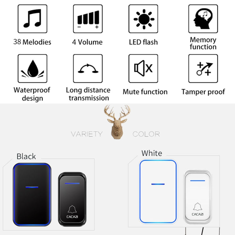 CACAZI Home Smart Digital Wireless Doorbell Remote Electronic Doorbell Elderly Pager, Style: US Plug(Black) - Wireless Doorbell by CACAZI | Online Shopping South Africa | PMC TechLife | Buy Now Pay Later Mobicred