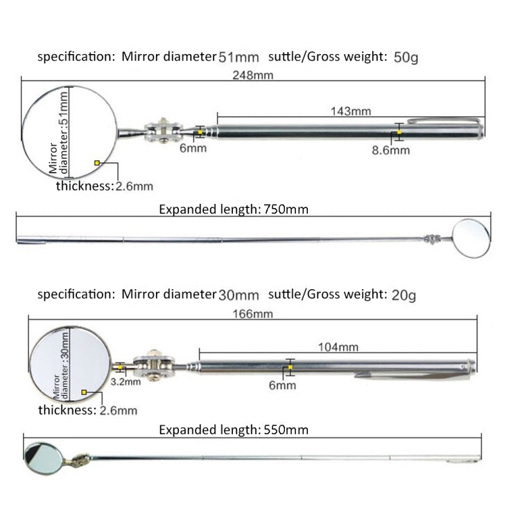 Car Repair Detection Mirror Universal Folding Telescopic Mirror Welding Chassis Inspection Mirror, Model: Silver 30mm - Inspection Tools by PMC Jewellery | Online Shopping South Africa | PMC Jewellery | Buy Now Pay Later Mobicred