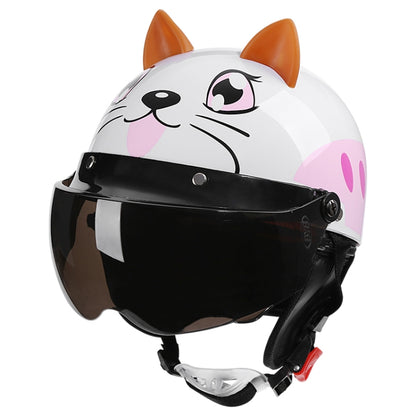 BYB 820 Children Four Seasons Universal Cartoon Electric Motorcycle Helmet, Specification: Tea Color Short Lens(Four Seasons White Cat) - Helmets by PMC Jewellery | Online Shopping South Africa | PMC Jewellery