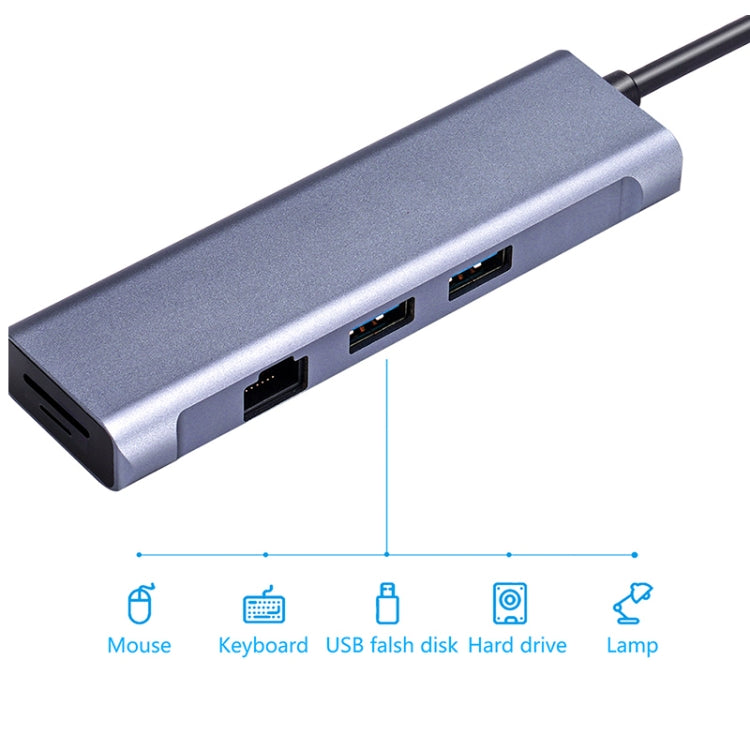 T1901 Type-C Docking Station Multifunction Adapter HD Media Interface + RJ45 + USB3.0 X 2 + SD + TF Multifunction Hub(6 in 1 Silver Gray) - USB HUB by PMC Jewellery | Online Shopping South Africa | PMC Jewellery | Buy Now Pay Later Mobicred