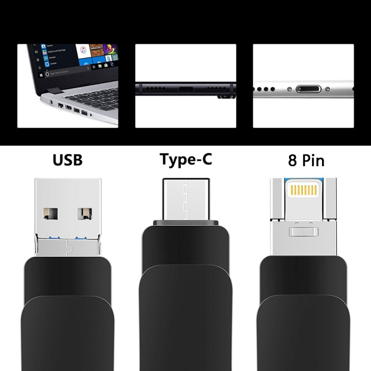 8GB USB 3.0 + 8 Pin + USB-C / Type-C 3 in 1 Mobile Computer Metal U-Disk(Black) - U Disk & Card Reader by PMC Jewellery | Online Shopping South Africa | PMC Jewellery | Buy Now Pay Later Mobicred