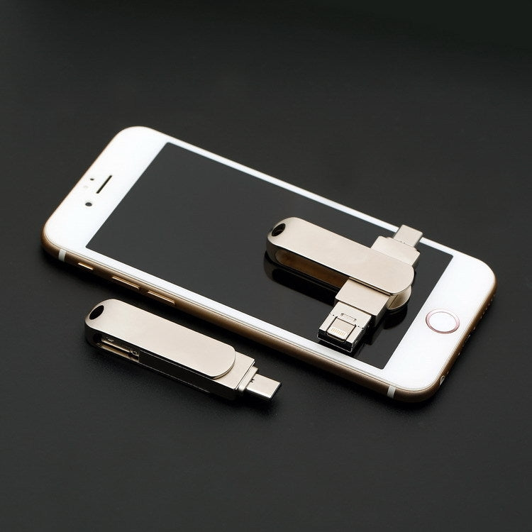 16GB USB 3.0 + 8 Pin + USB-C / Type-C 3 in 1 Phone Computer Rotatable Metal U-Disk - USB Flash Drives by PMC Jewellery | Online Shopping South Africa | PMC Jewellery | Buy Now Pay Later Mobicred