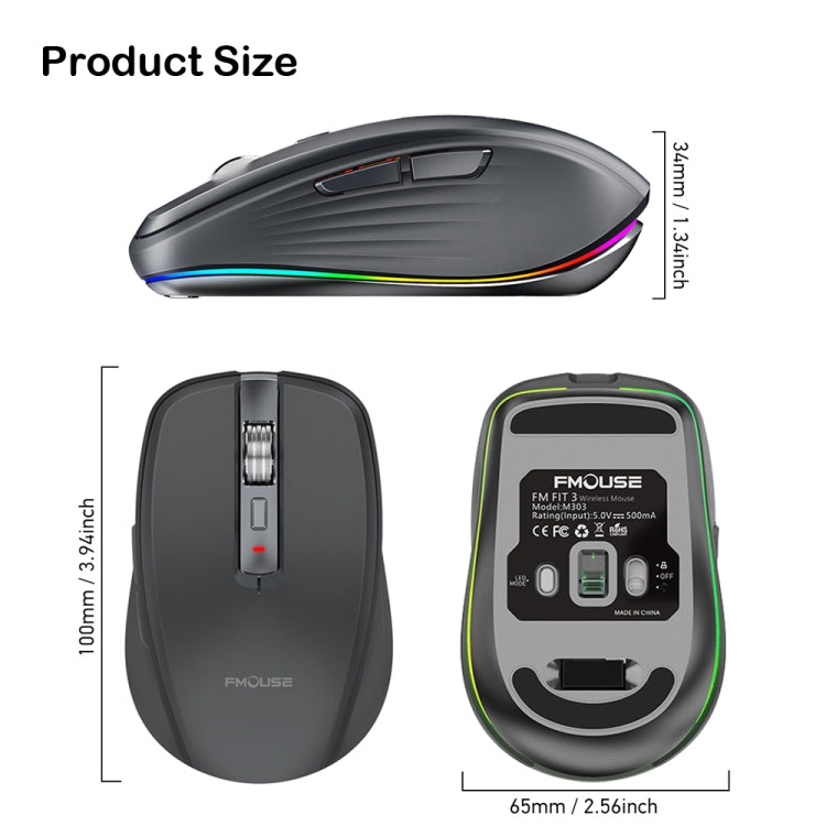 Fmouse M303 2400DPI Bluetooth&2.4G Dual Modes Rechargeable RGB Mouse(Pink) - Wireless Mice by Fmouse | Online Shopping South Africa | PMC Jewellery | Buy Now Pay Later Mobicred