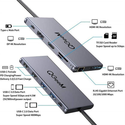 QGeeM 12 In 1 Triple Display 4K Type-C Extension HUB Adapter Support HDMI(QG-UH12-H) - USB HUB by QGeeM | Online Shopping South Africa | PMC Jewellery | Buy Now Pay Later Mobicred