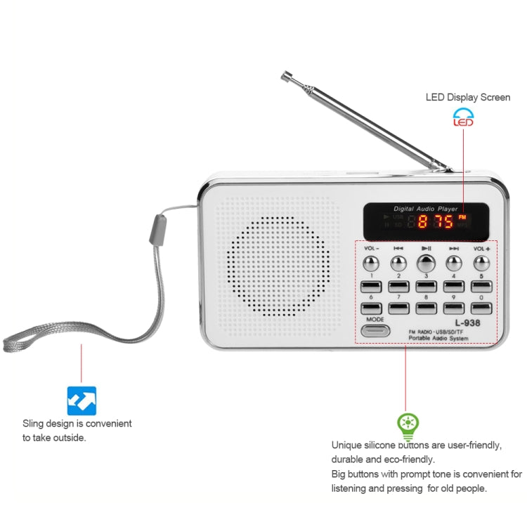 L-938  MP3 Audio Player FM Radio Support  SD MMC Card AUX-IN Earphone-out(White) - Radio Player by PMC Jewellery | Online Shopping South Africa | PMC Jewellery | Buy Now Pay Later Mobicred