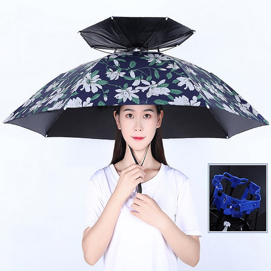 Double-layer Fishing Umbrella Hat Outdoor Sunscreen And Rainproof Folding Umbrella Hat, Color: 95 Camellia Vinyl (Rubber Sleeve) - Umbrellas by PMC Jewellery | Online Shopping South Africa | PMC Jewellery