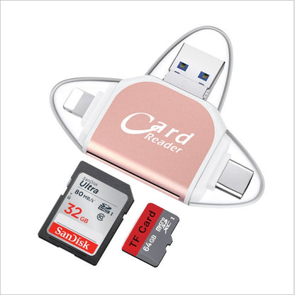 R015 USB2.0 & Micro USB+8Pin+Type-C 4 In 1 Card Reader Supports SD/TF Card(Rose Gold) -  by PMC Jewellery | Online Shopping South Africa | PMC Jewellery | Buy Now Pay Later Mobicred