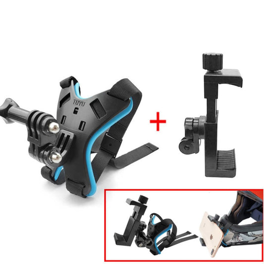 TUYU Motorcycle Helmet Chin Action Camera Mobile Phone Mounting Bracket Blue Bracket+Mobile Phone Clip - Helmet Mount by TUYU | Online Shopping South Africa | PMC Jewellery | Buy Now Pay Later Mobicred