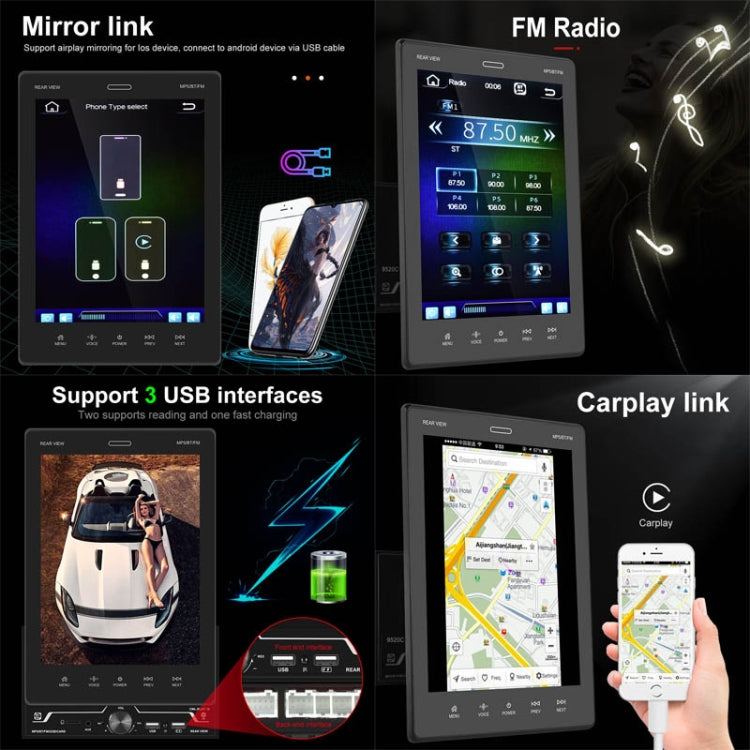 9520C Double Spindle 9.5 inch Vertical Screen Car MP5 Player, Style: Standard+12 Light Camera - Car MP3 & MP4 & MP5 by PMC TechLife | Online Shopping South Africa | PMC TechLife | Buy Now Pay Later Mobicred