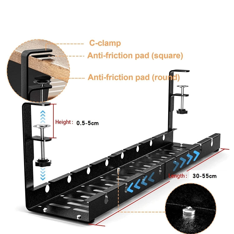 Stretchable Under Desk Cable Management Tray Carbon Steel Cable Organizer Cable Storage Rack(Black) - Shelf & Hooks by PMC Jewellery | Online Shopping South Africa | PMC Jewellery