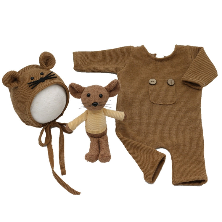Newborn Photography Clothing Baby Knitted Jumpsuit + Hat + Mouse Doll Three-Piece Set(Brown) - Baby Photo Props by PMC TechLife | Online Shopping South Africa | PMC TechLife | Buy Now Pay Later Mobicred