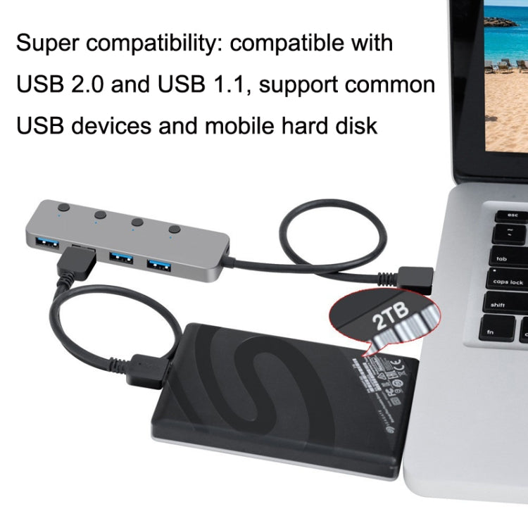 HS0059 Independent Switch USB 3.0 4 Ports Extension Type-C / USB-C Aluminum Alloy HUB, Cable Length: 30cm - USB 3.0 HUB by PMC Jewellery | Online Shopping South Africa | PMC Jewellery | Buy Now Pay Later Mobicred