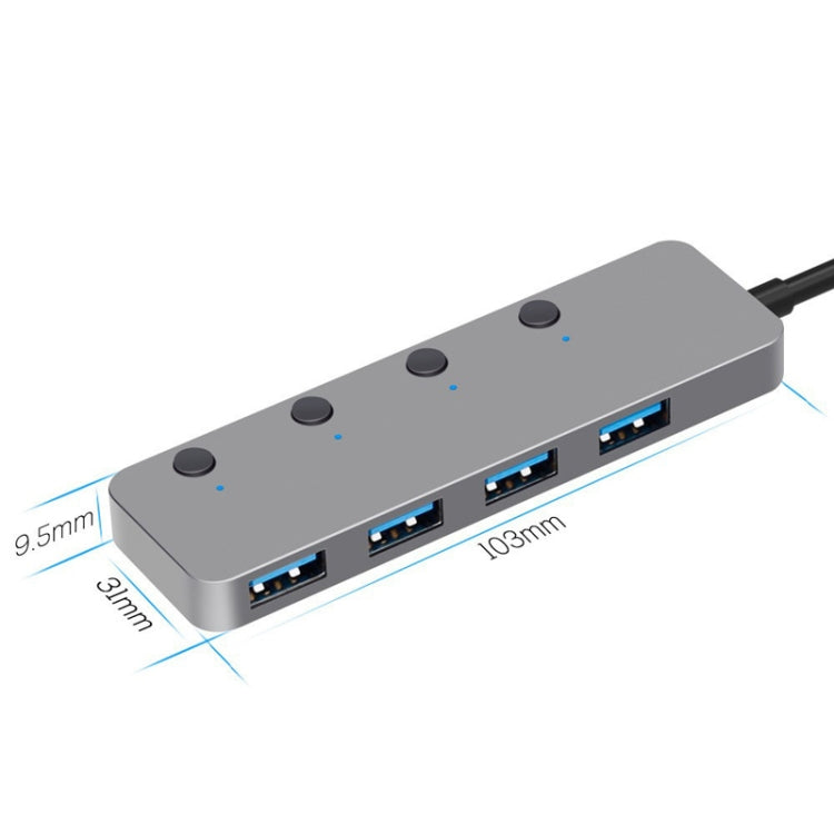 HS0059 Independent Switch USB 3.0 4 Ports Extension Type-C / USB-C Aluminum Alloy HUB, Cable Length: 120cm - USB 3.0 HUB by PMC Jewellery | Online Shopping South Africa | PMC Jewellery | Buy Now Pay Later Mobicred