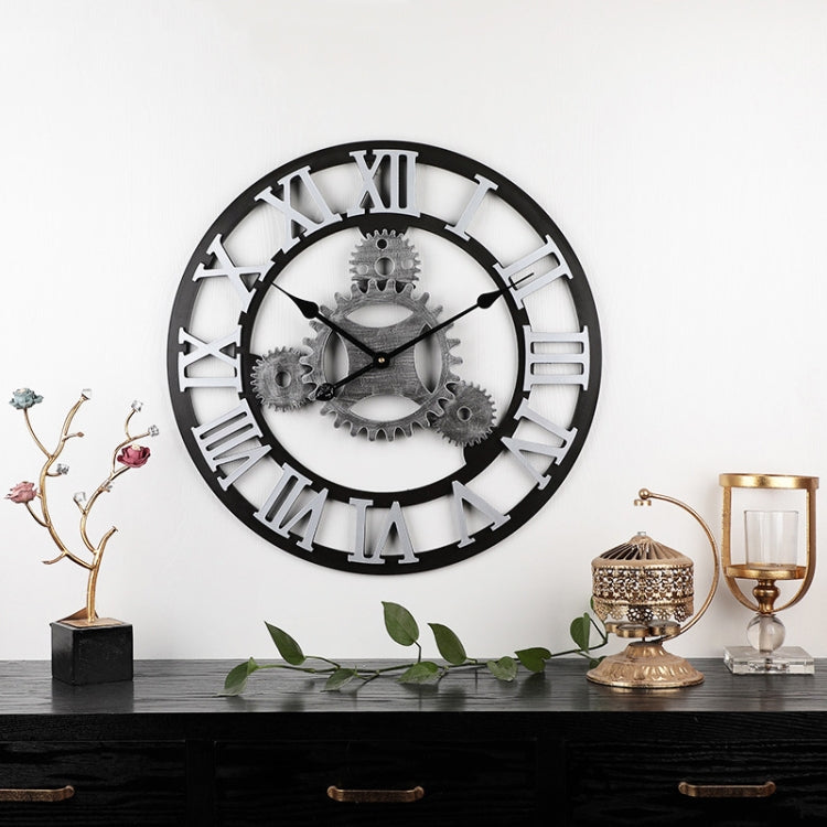 Vintage Wooden Round Gear Silent Wall Clock Rome Number  58cm 4 Gears Silver - Wall Clock by PMC TechLife | Online Shopping South Africa | PMC TechLife