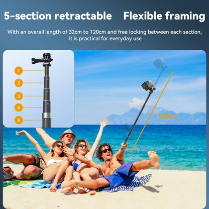 TELESIN 1.2m Carbon Fiber Monopod Selfie Stick With 1/4 Screw For Action Cameras - Extendable Pole by TELESIN | Online Shopping South Africa | PMC Jewellery