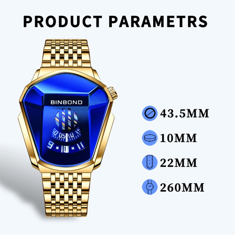 BINBOND Locomotive Concept Steel Belt Watch Men Live Black Technology Watch(Full Gold-Blue Face) - free shipping - PMC TechLife - Order now!