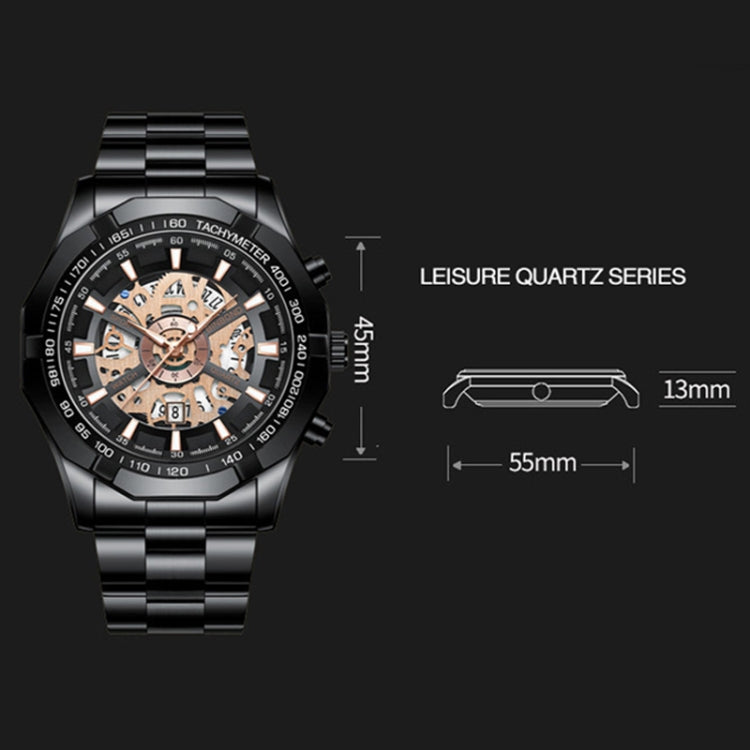 BINBOND S033 Hollowed Mechanical 30m Waterproof Luminous Quartz Watch, Color: Black Steel-Black-Gold - free shipping - PMC TechLife - Order now!