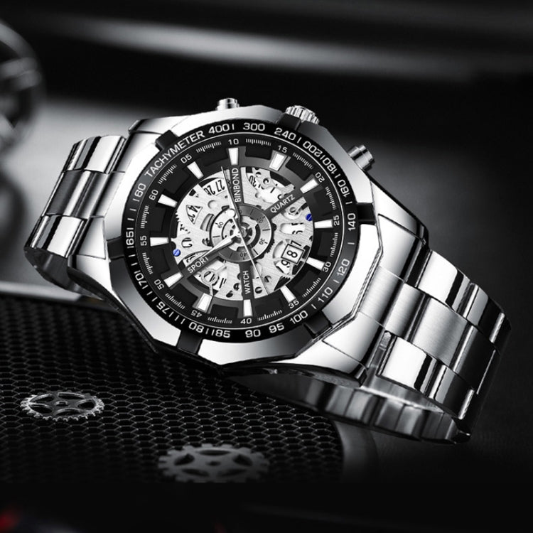 BINBOND S033 Hollowed Mechanical 30m Waterproof Luminous Quartz Watch, Color: Black Steel-Black-Gold - free shipping - PMC TechLife - Order now!