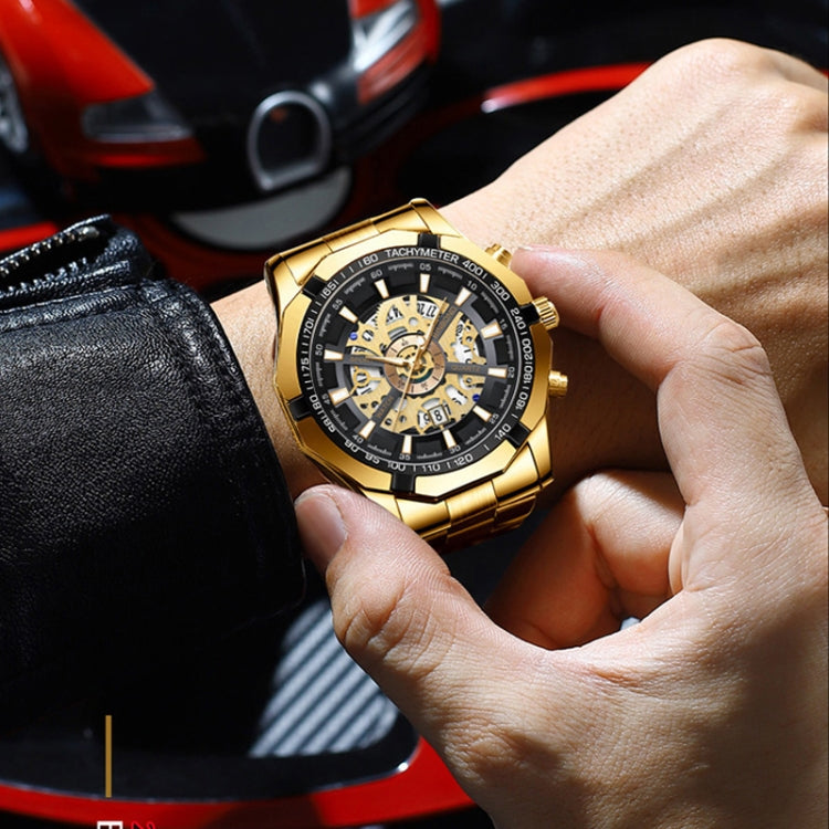 BINBOND S033 Hollowed Mechanical 30m Waterproof Luminous Quartz Watch, Color: Black Steel-Black-Gold - free shipping - PMC TechLife - Order now!