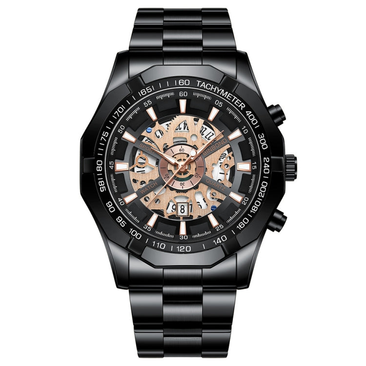 BINBOND S033 Hollowed Mechanical 30m Waterproof Luminous Quartz Watch, Color: Black Steel-Black-Rose Gold - free shipping - PMC TechLife - Order now!