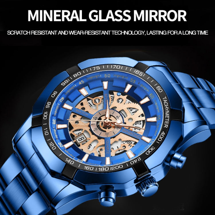 BINBOND S033 Hollowed Mechanical 30m Waterproof Luminous Quartz Watch, Color: Black Steel-Black-Rose Gold - free shipping - PMC TechLife - Order now!
