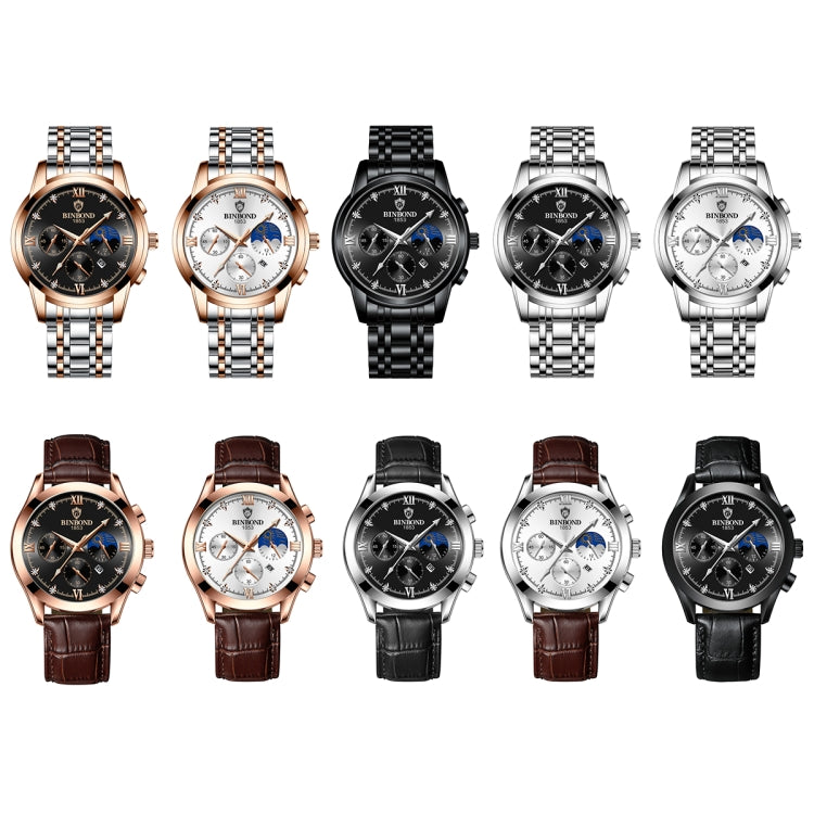 BINBOND B3591 30m Waterproof Luminous Calendar Men Watch, Color: Black Leather-White-Black - free shipping - PMC TechLife - Order now!