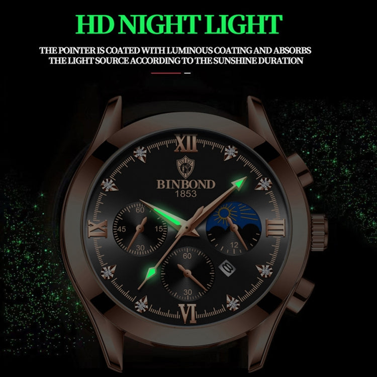 BINBOND B3591 30m Waterproof Luminous Calendar Men Watch, Color: Black Leather-White-Black - free shipping - PMC TechLife - Order now!