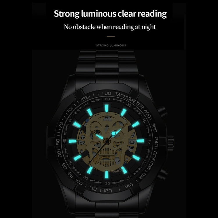 BINBOND S034 30M Waterproof Quartz Watch Skull Skeleton Luminous Watch(Black Steel Black Gold Nail) - free shipping - PMC TechLife - Order now!