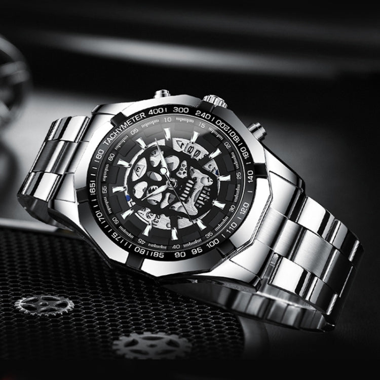 BINBOND S034 30M Waterproof Quartz Watch Skull Skeleton Luminous Watch(White Steel Black) - free shipping - PMC TechLife - Order now!