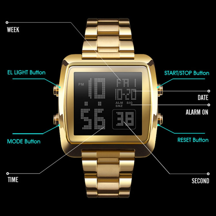 SKMEI 1369 Retro Waterproof Gold Watch Men Steel Belt Luminous Square Watch(Gold) - free shipping - PMC TechLife - Order now!