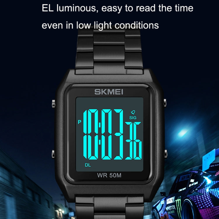 SKMEI 1879 Square Large Screen Men Steel Belt Multi-function EL Luminous Watch, Color: Black Black Machine - free shipping - PMC TechLife - Order now!