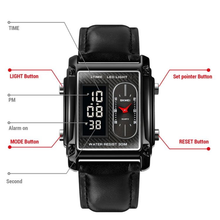SKMEI 1868 Square Double Display Waterproof Men Watch, Style: Leather Belt (Rose Gold) - free shipping - PMC TechLife - Order now!