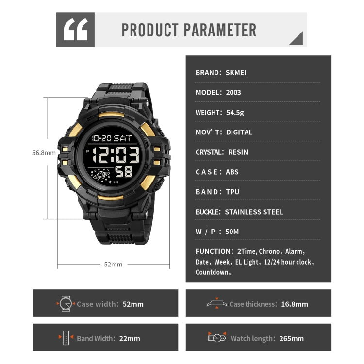 SKMEI 2003 Multifunctional Back Light Sports Watch Mens Countdown Date Alarm Clock Watch(Gold White Machine) - free shipping - PMC TechLife - Order now!