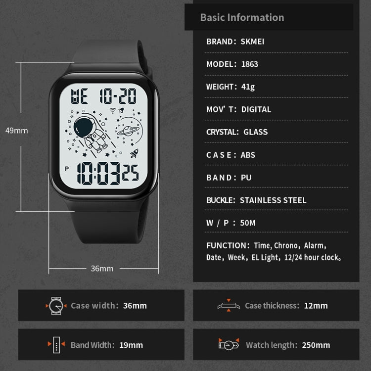 SKMEI 1863 Multifunctional Astronaut Student Digital Sports Square Watch(Black White Machine) - free shipping - PMC TechLife - Order now!