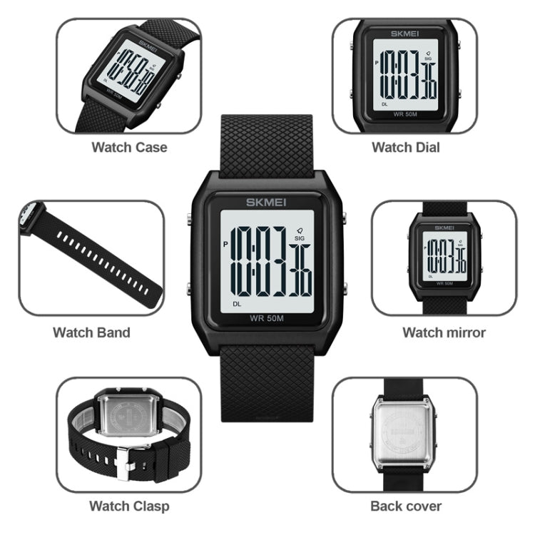 SKMEI 1866 Square Large Screen Men Steel Belt Multi-function Night Light Alarm Clock Watch(Silver White Machine) - free shipping - PMC TechLife - Order now!