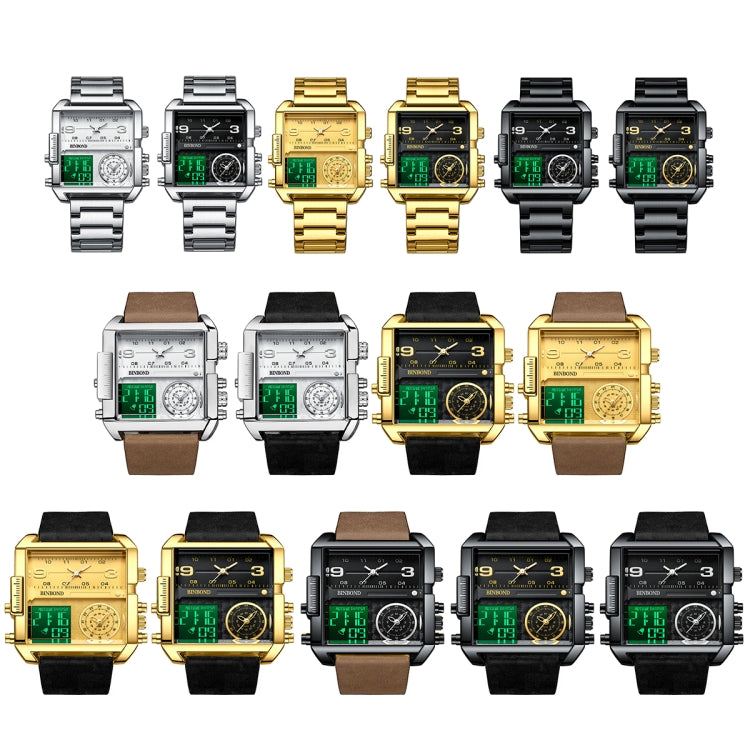 BINBOND B3332 Square Multifunctional Sports Quartz Waterproof Watch(Black Steel-Black-White) - free shipping - PMC TechLife - Order now!