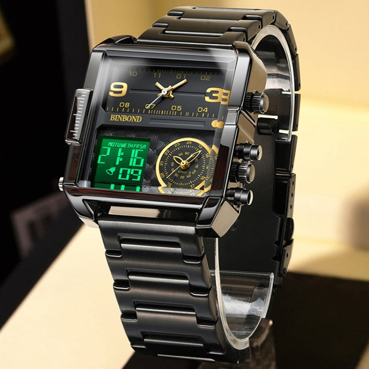 BINBOND B3332 Square Multifunctional Sports Quartz Waterproof Watch(Black Steel-Black-White) - free shipping - PMC TechLife - Order now!