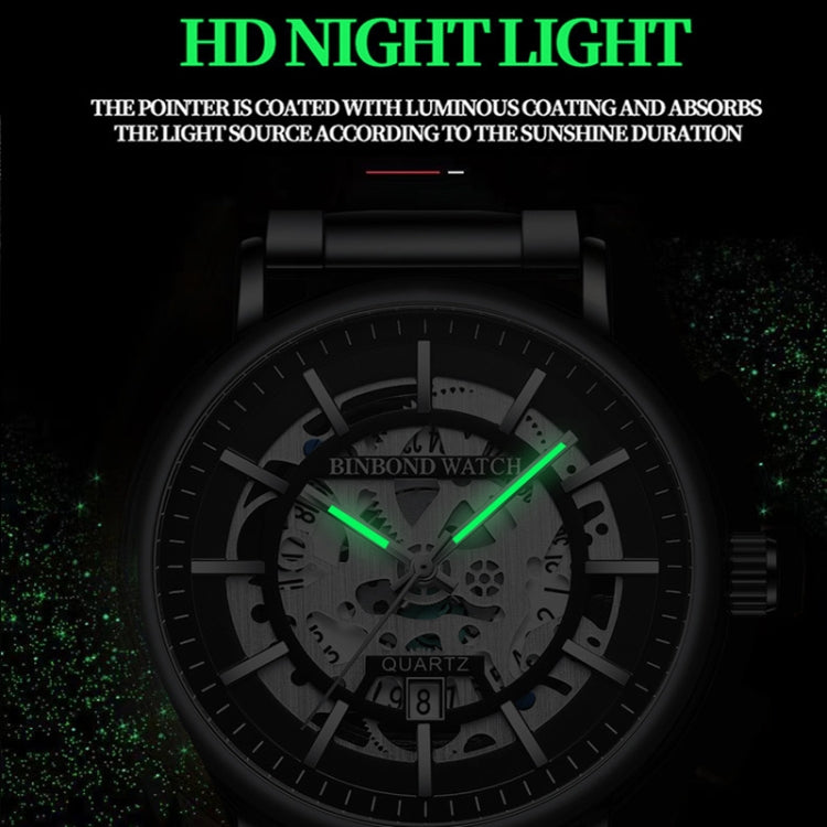 BINBOND B7872 Multifunctional Hollow Luminous Waterproof Quartz Watch, Color: Black Steel-Black-White - free shipping - PMC TechLife - Order now!