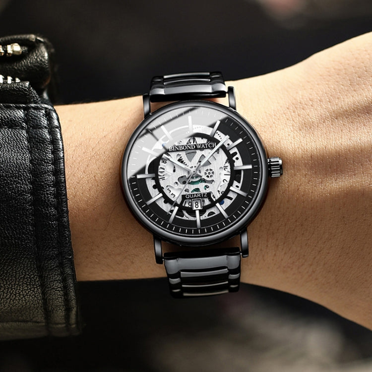 BINBOND B7872 Multifunctional Hollow Luminous Waterproof Quartz Watch, Color: Black Steel-Black-White - free shipping - PMC TechLife - Order now!