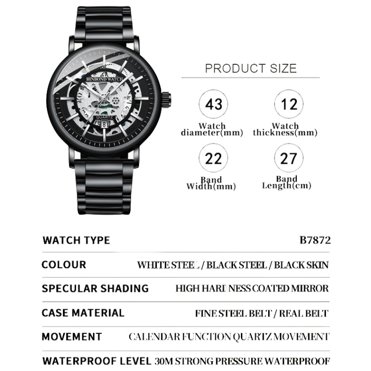 BINBOND B7872 Multifunctional Hollow Luminous Waterproof Quartz Watch, Color: Black Leather-Black-Black - free shipping - PMC TechLife - Order now!