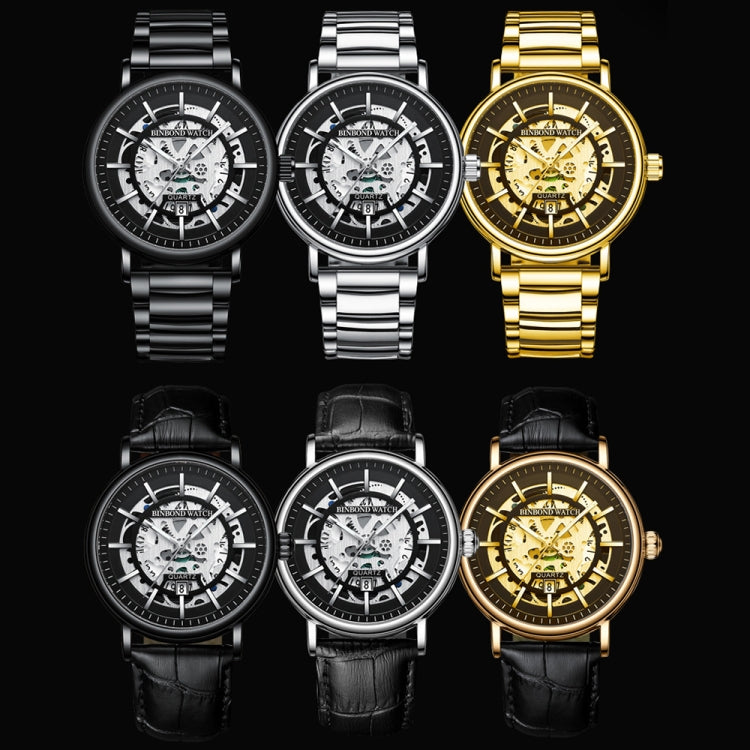 BINBOND B7872 Multifunctional Hollow Luminous Waterproof Quartz Watch, Color: Black Leather-White-Black - free shipping - PMC TechLife - Order now!