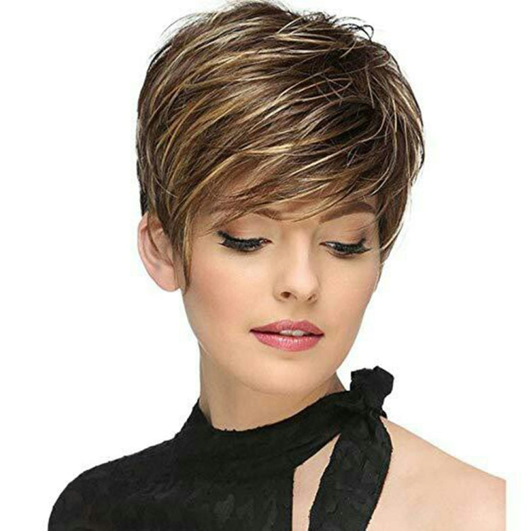 WIG-305 Female High Temperature Silk Wig Oblique Bangs Short Hair Chemical FiberHeadgear(Brown+Light Gold) - free shipping - PMC TechLife - Order now!