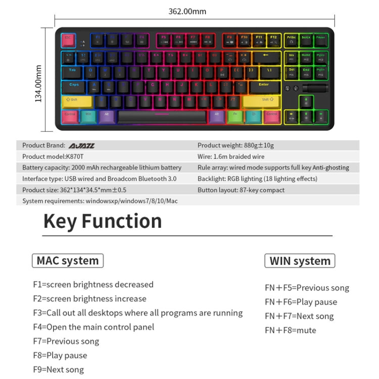Ajazz K870T 87-Key Hot Swap Bluetooth/Wired Dual Mode RGB Backlight Office Game Mechanical Keyboard Green Shaft (Black) - free shipping - PMC Jewellery - Order now!