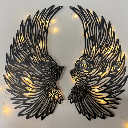 1pair 45cm Double Sided Black Engraved Metal LED Angel Wings Wall Hanging Decoration With Lights - Ornaments by PMC Jewellery | Online Shopping South Africa | PMC Jewellery
