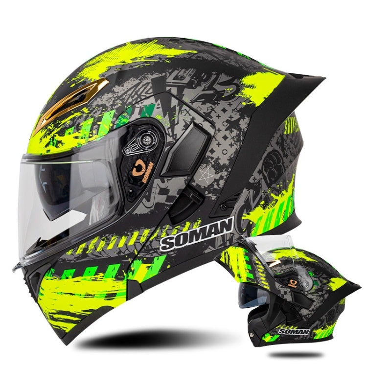 SOMAN Motorcycle Dual Lens Riding Peel-Off Full Coverage Helmet, Size: L(Black Fluorescent Yellow Spark) - free shipping - PMC TechLife - Order now!