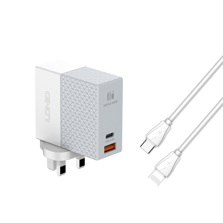 LDNIO A2620C 65W USB+Type-C/USB-C Port Dual Port Universal Phone Tablet Travel Charger(UK Plug+Type-C to 8 Pin) - USB Charger by LDNIO | Online Shopping South Africa | PMC TechLife | Buy Now Pay Later Mobicred