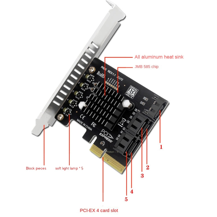 PCI-E To 5 SATA 3.0 Expansion Card(Semi High Baffle) - Add-on Cards by PMC Jewellery | Online Shopping South Africa | PMC Jewellery | Buy Now Pay Later Mobicred